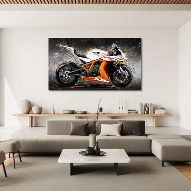 Central motorcycle in motion conveys high-octane energy in a contemporary street-art inspired design.