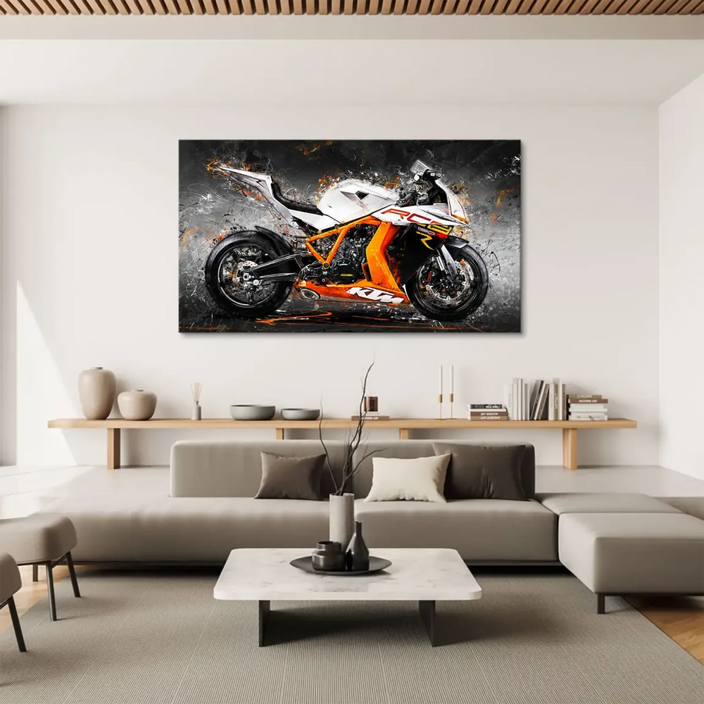 Central motorcycle in motion conveys high-octane energy in a contemporary street-art inspired design.