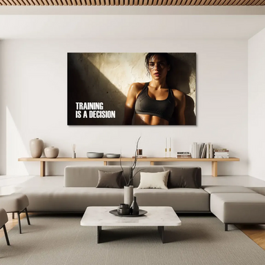 Earthy-toned fitness portrait suitable for home gym decor with an industrial backdrop