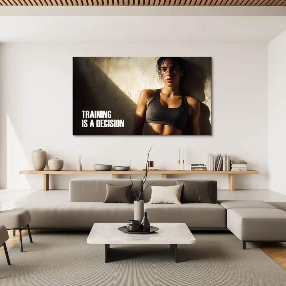 Earthy-toned fitness portrait suitable for home gym decor with an industrial backdrop