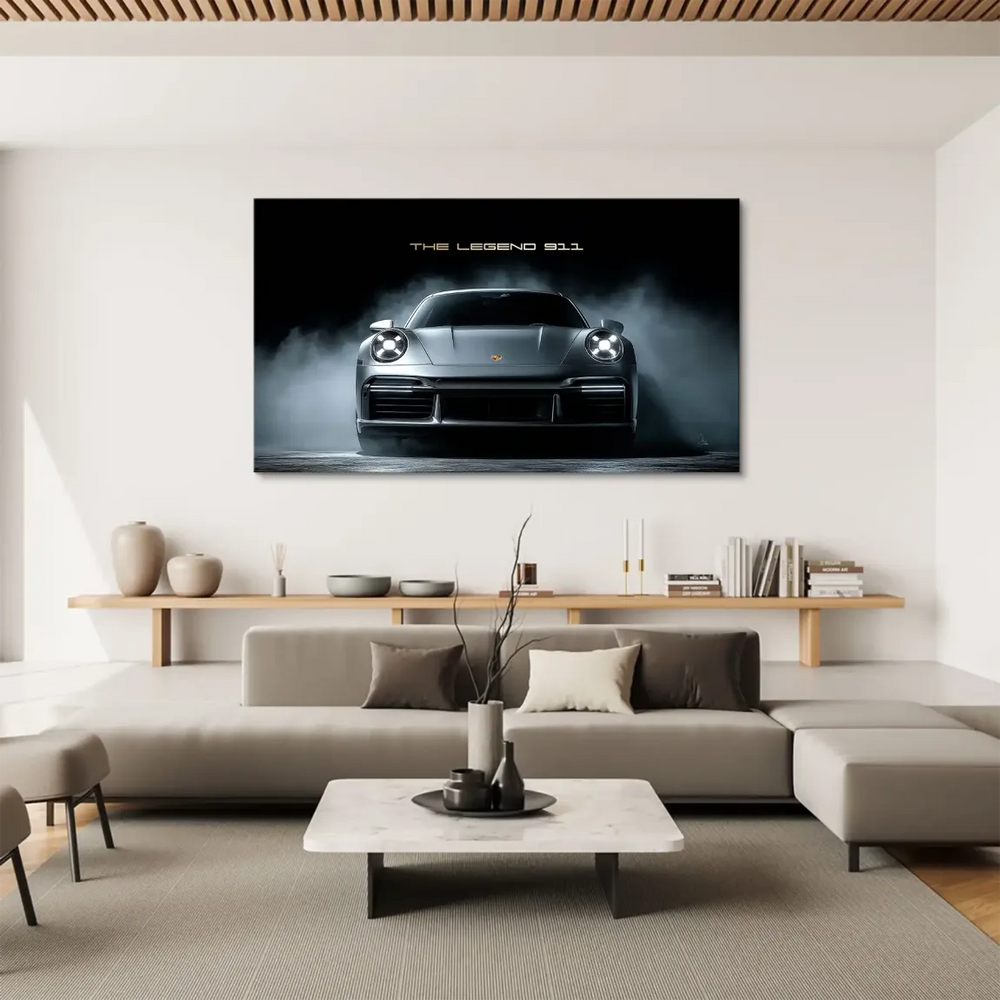 Symmetrical canvas composition featuring the silver Porsche 911 against a moody backdrop.