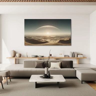 Minimalist sci-fi landscape canvas featuring atmospheric haze and radiant light across the desert