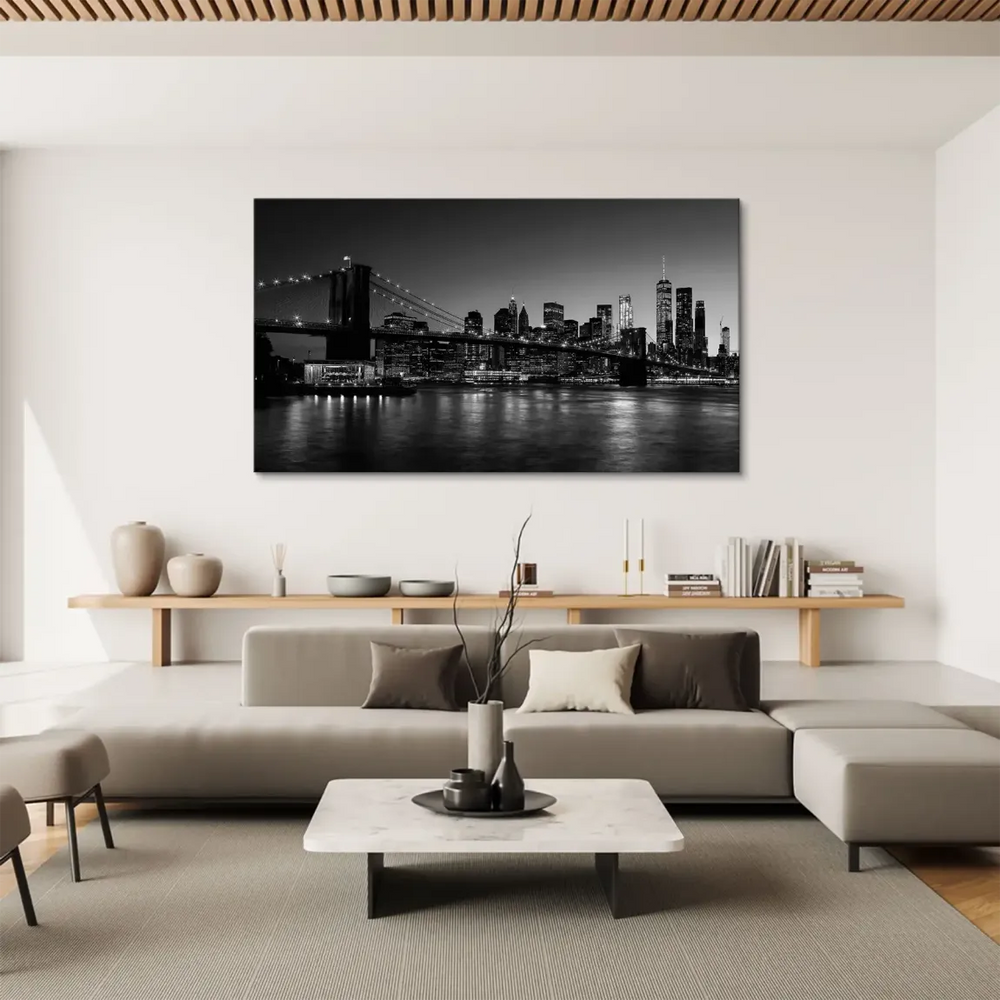 Long-exposure cityscape featuring One World Trade Center and illuminated skyline on canvas