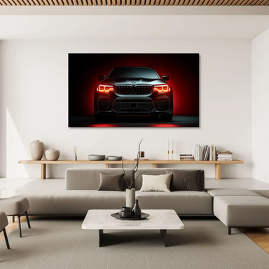 Sleek profile angle of the M5 with red glow behind, showcasing performance styling