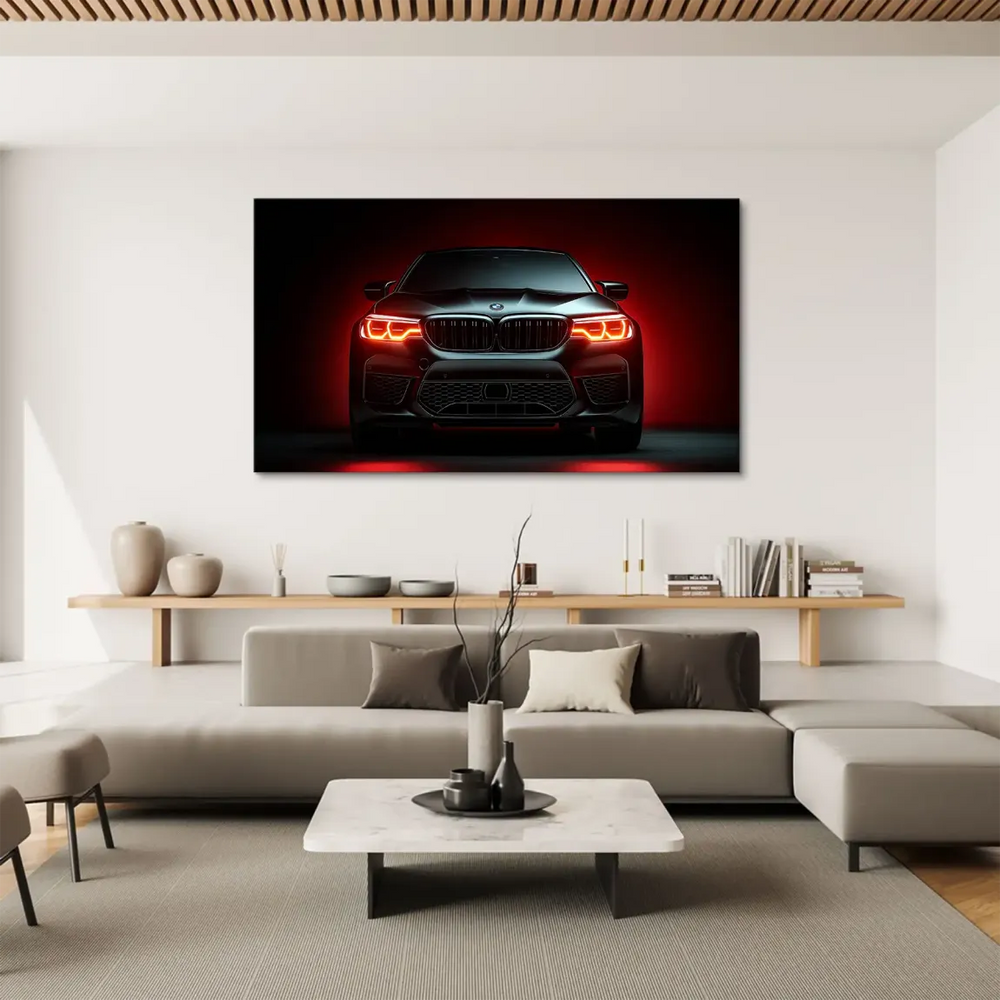 Sleek profile angle of the M5 with red glow behind, showcasing performance styling