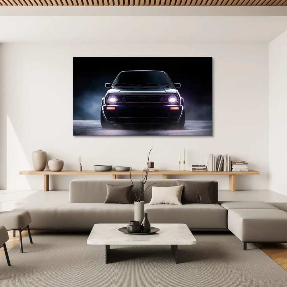 Symmetrical composition featuring a retro car surrounded by fog and textured asphalt.