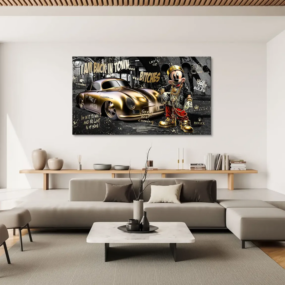 Urban Pop Graffiti artwork in black, white, and gold featuring Mickey Mouse and Porsche 356 with luxury branding hints.