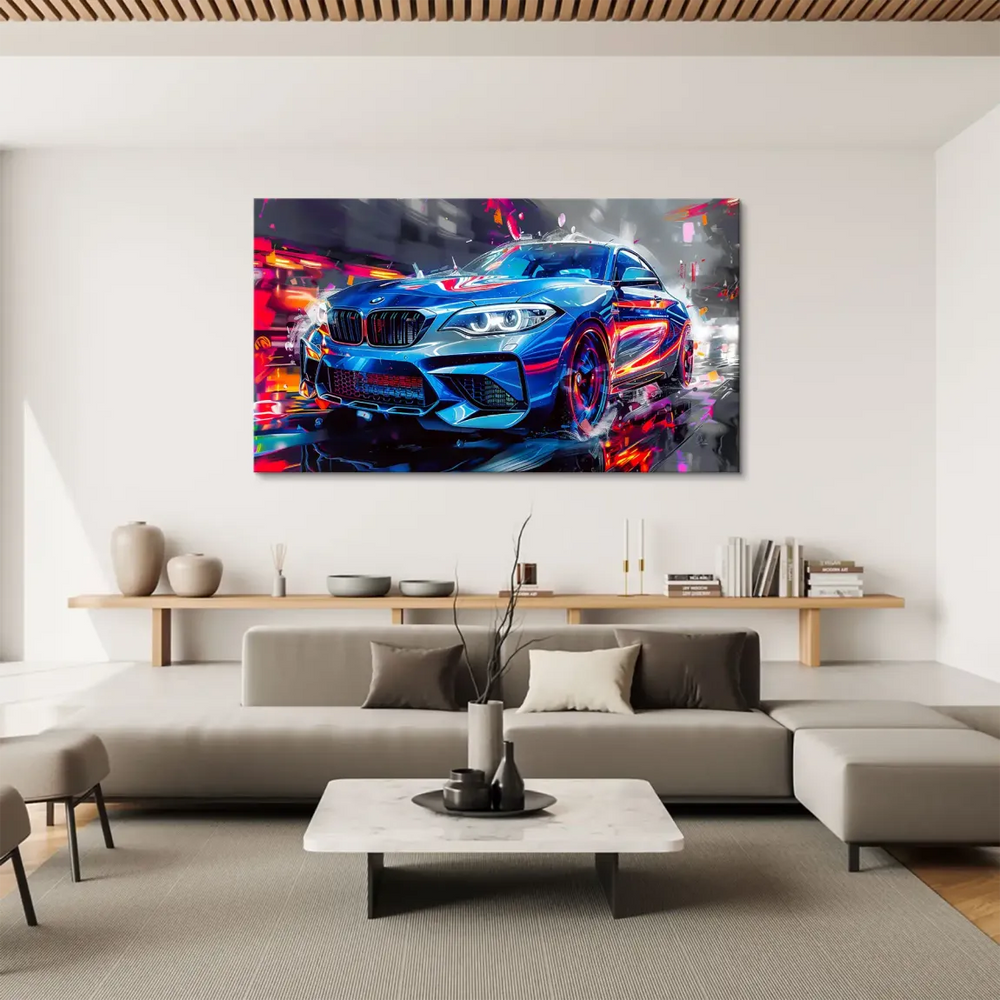 Close-up view of a blue BMW M2 featured in bold pop-art style with a blurred city backdrop.