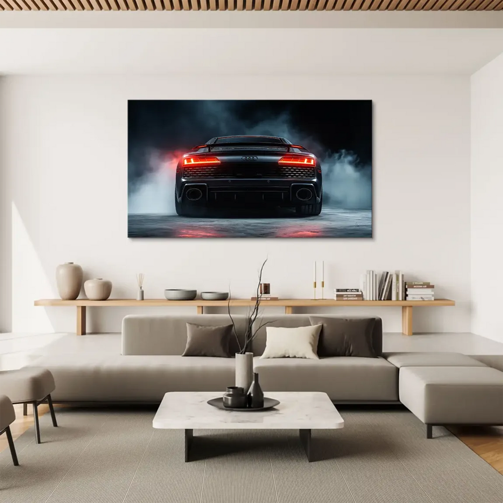 Moody automotive wall art with smoky shadowy background and red glow