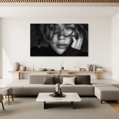 Windswept hair framing a serene female portrait
