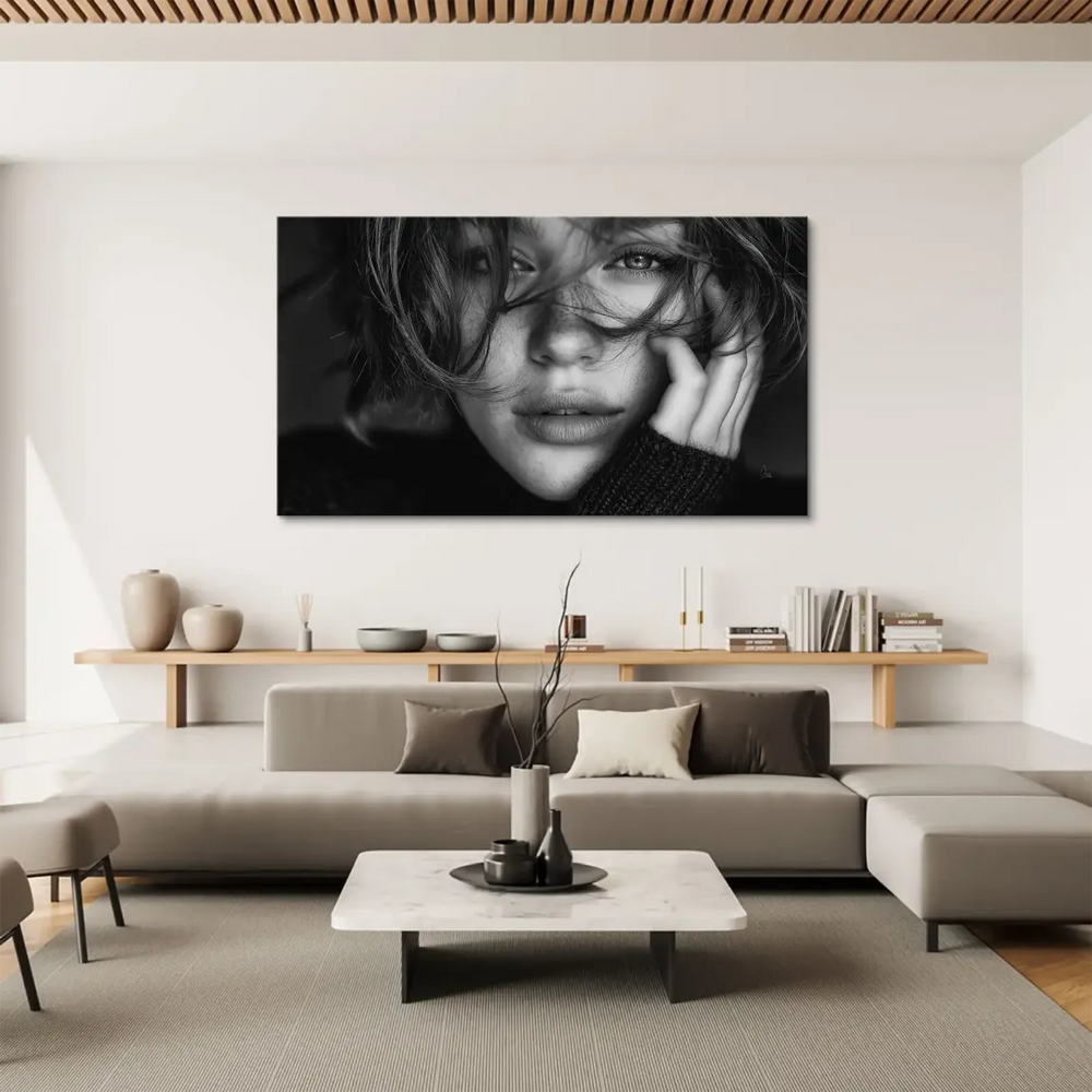 Windswept hair framing a serene female portrait