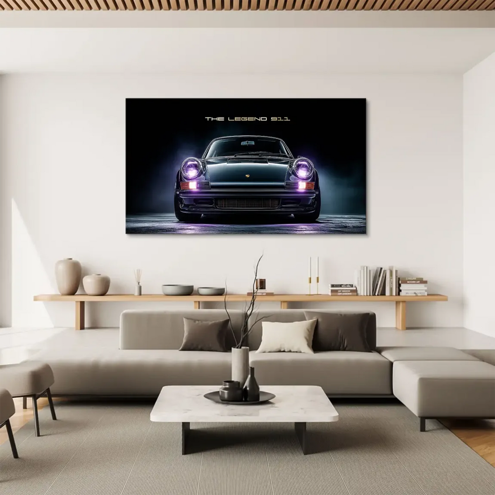 Automotive wall art featuring Porsche 911 with violet headlights for modern interiors