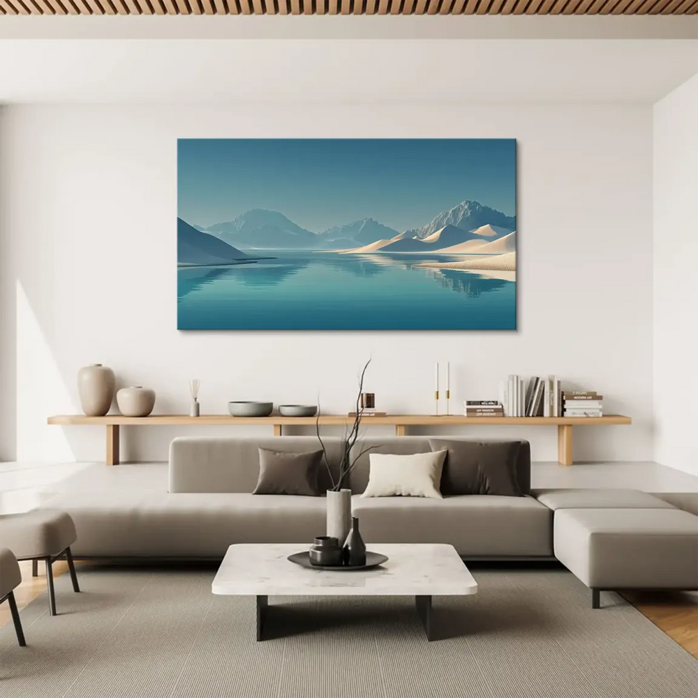 Cool-toned landscape art with sandy foreground and expansive tranquil horizon.