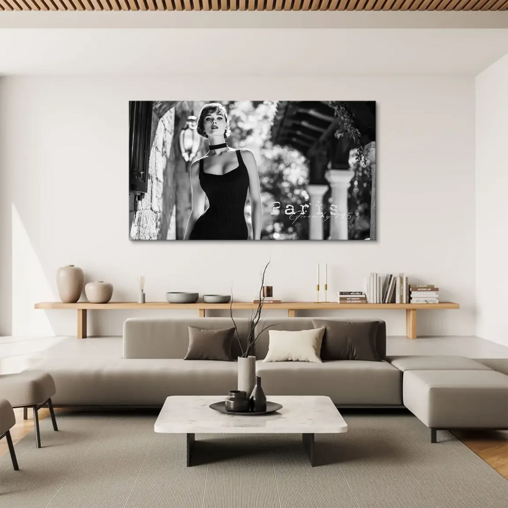 Vintage Hollywood glamour wall art with Paris background and Paris Givenchy 1953 inscription
