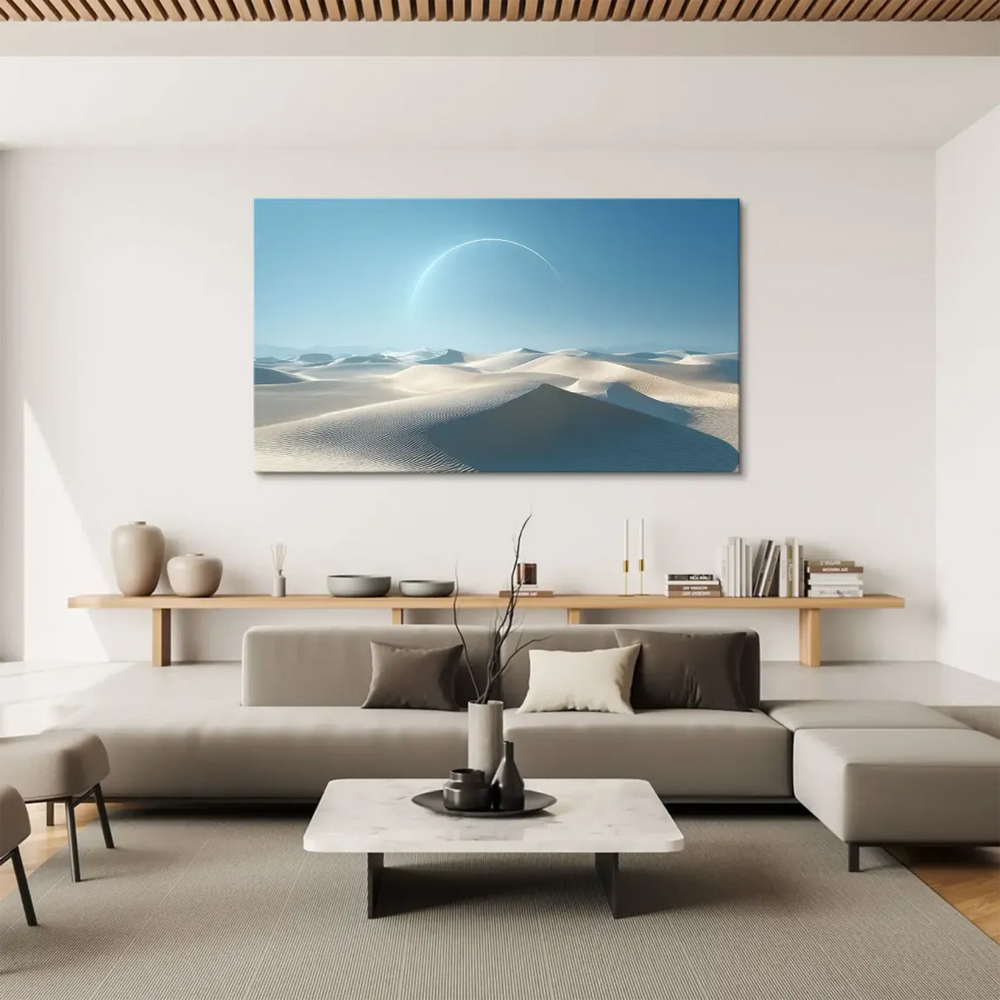 Surreal sci-fi inspired desert scene featuring an ethereal glowing arc in the sky