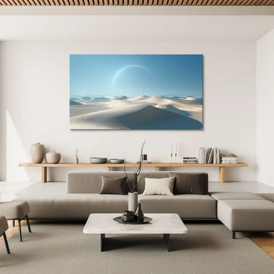 Surreal sci-fi inspired desert scene featuring an ethereal glowing arc in the sky