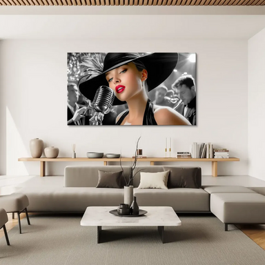 Selective color art highlighting lips and eyes in a jazz scene
