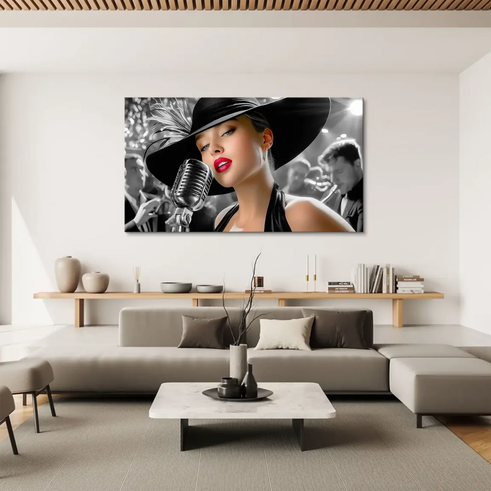 Selective color art highlighting lips and eyes in a jazz scene