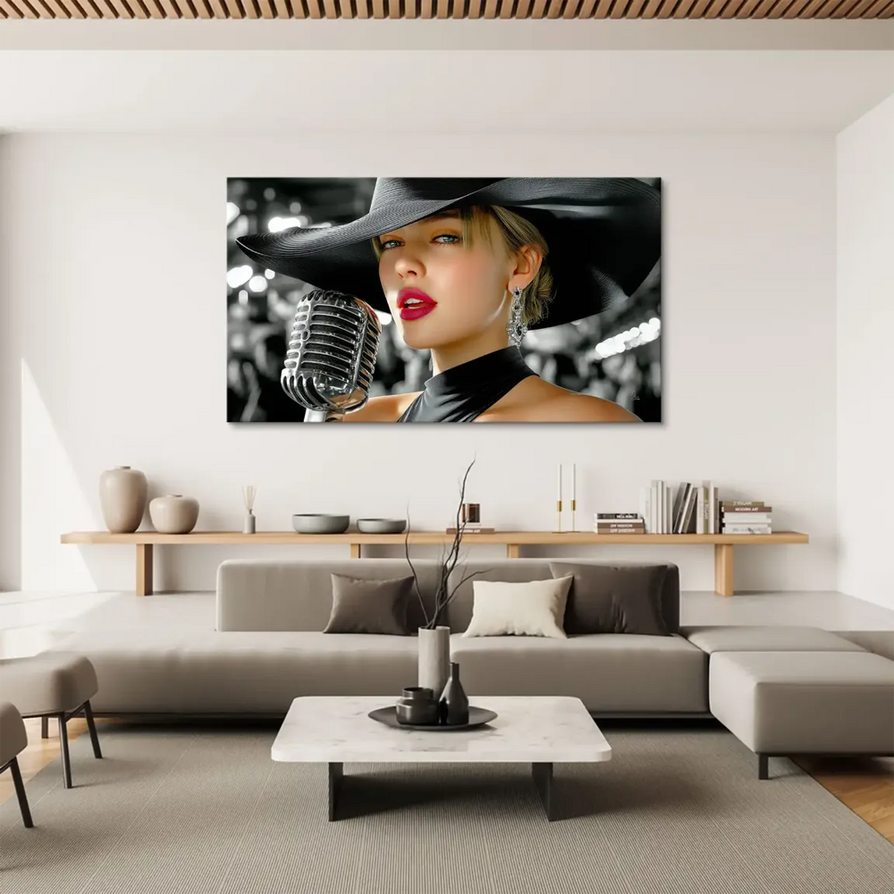 Vintage microphone beside a chic woman in a monochrome Hollywood glam scene.