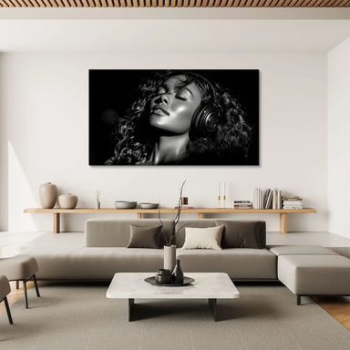 Canvas wall art featuring a music-loving woman in a minimalist portrait
