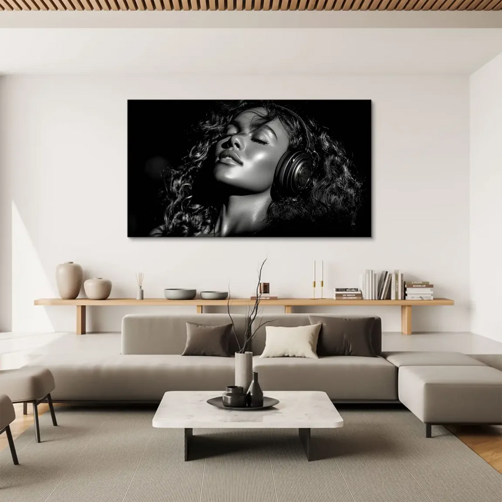Canvas wall art featuring a music-loving woman in a minimalist portrait