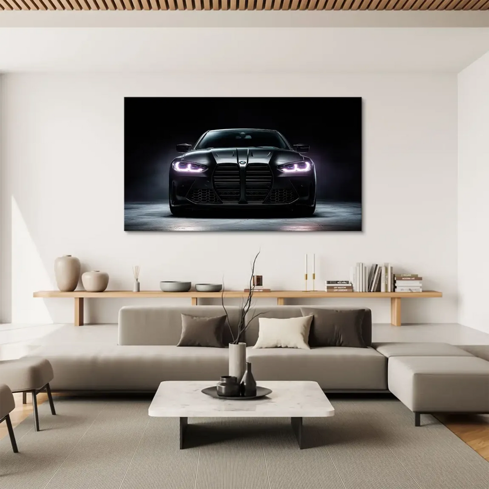 Symmetrical automotive wall art featuring BMW M4 in a minimalist industrial setting