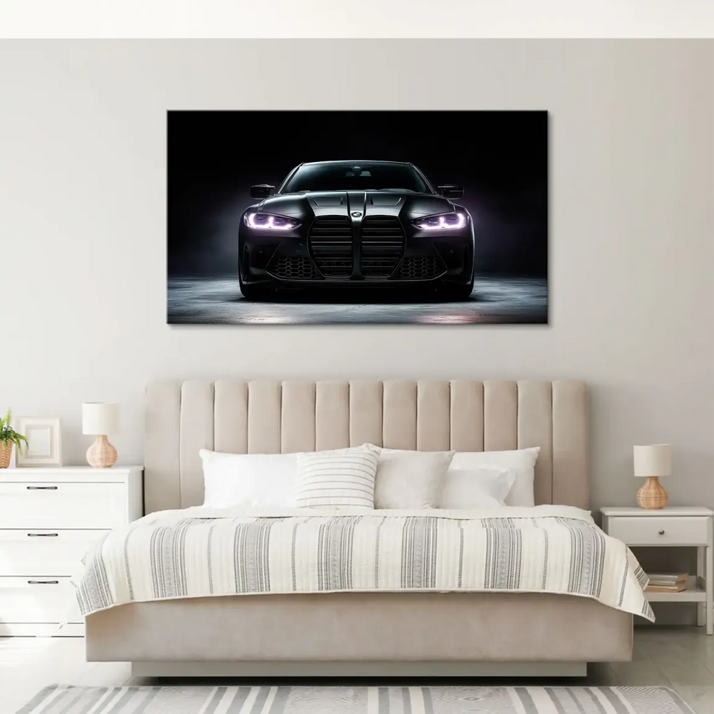 Low-angle shot emphasizing power and design of BMW M4 in contemporary art print