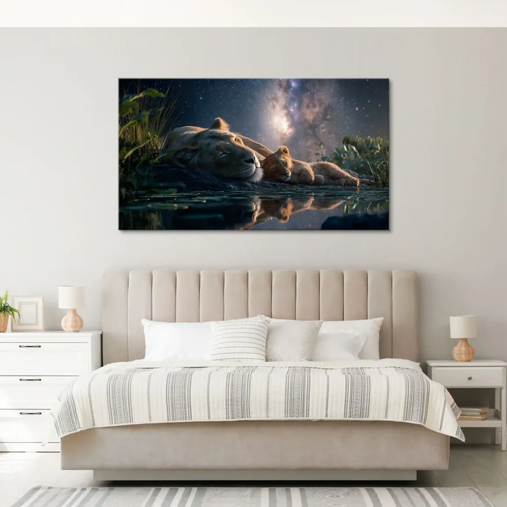 Wide landscape canvas showing a lion family resting with a starry cosmos above and water reflections.