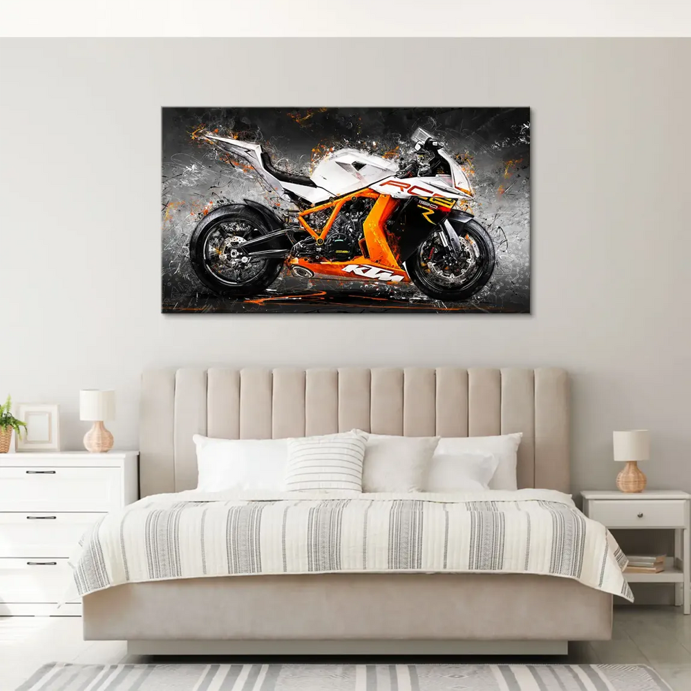 Bright orange accents and stark black lines contrast against a muted grey backdrop.