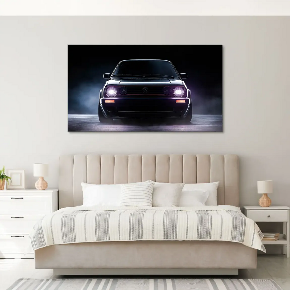 Industrial garage style automotive wall art showing a timeless VW Golf.
