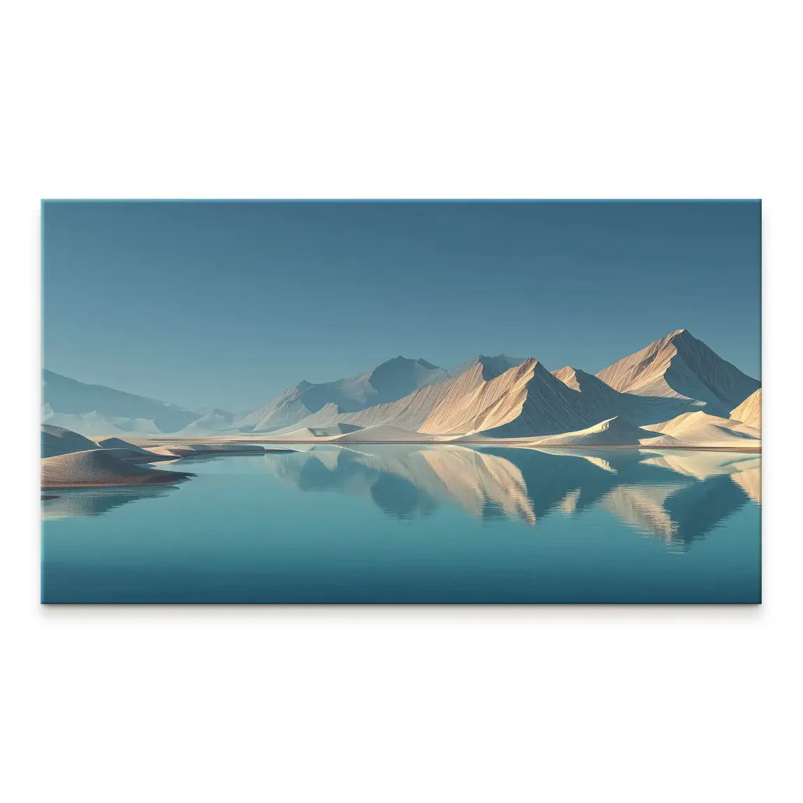 Calm modern landscape on canvas with turquoise water and pale blue sky