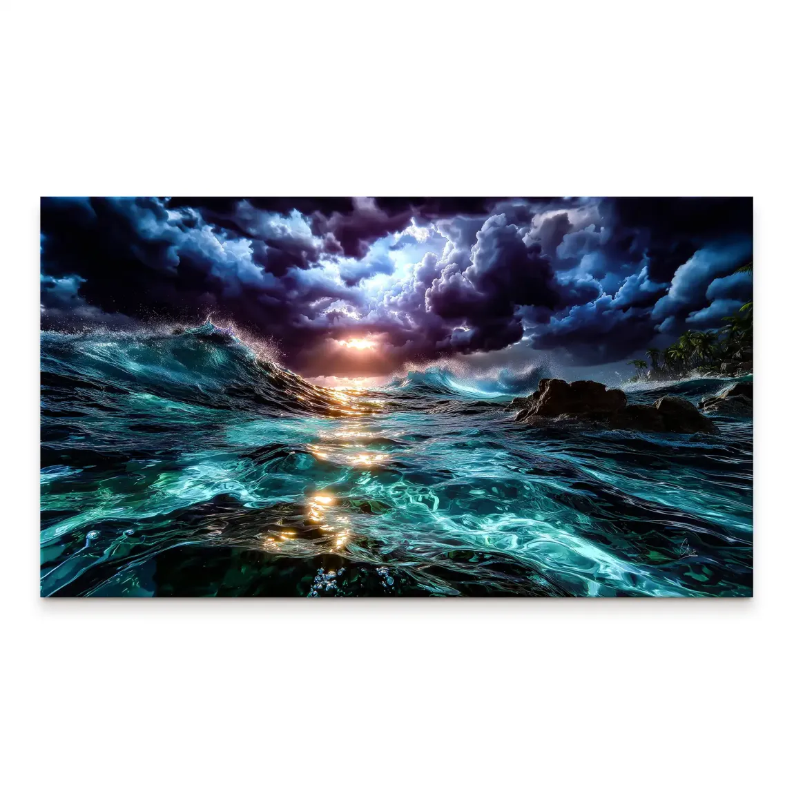 Dramatic ocean storm scene with teal and deep blue waves under a moody sky and a golden sun reflecting on the water