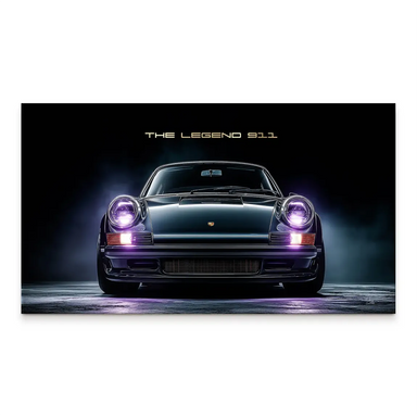 Porsche 911 canvas print with purple glow and golden legend text