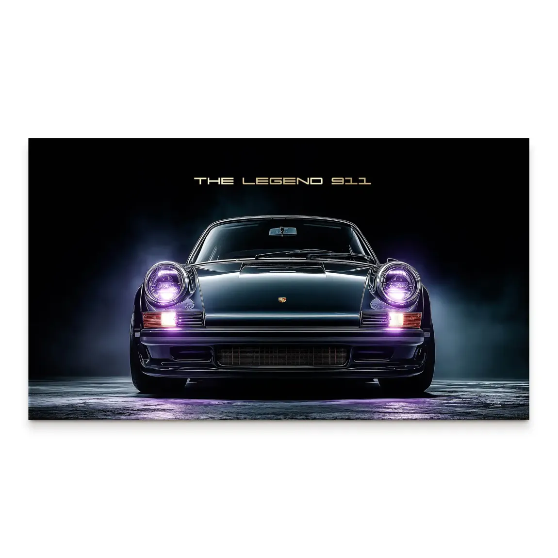 Porsche 911 canvas print with purple glow and golden legend text