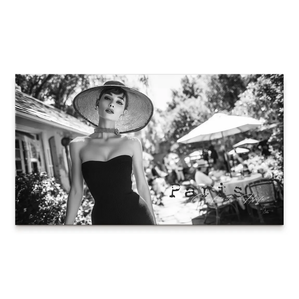 Black and white portrait of a stylish woman wearing a wide-brim hat and choker, Paris cafe backdrop