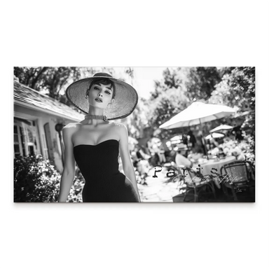 Black and white portrait of a stylish woman wearing a wide-brim hat and choker, Paris cafe backdrop
