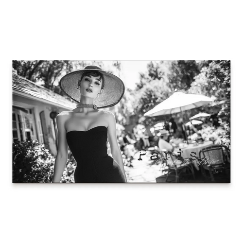 Black and white portrait of a stylish woman wearing a wide-brim hat and choker, Paris cafe backdrop