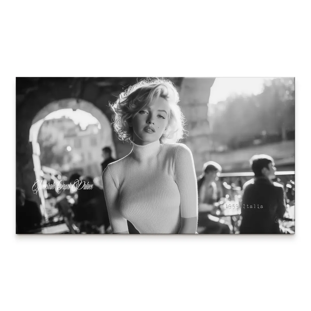 Marilyn Monroe Italy canvas wall art in landscape orientation; black-and-white portrait with archway street scene.