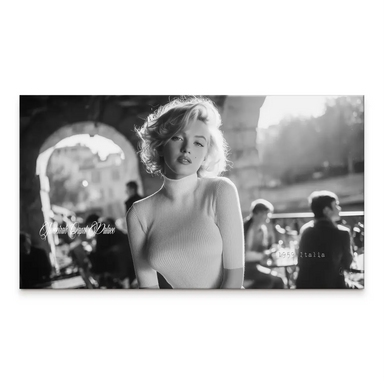 Marilyn Monroe Italy canvas wall art in landscape orientation; black-and-white portrait with archway street scene.