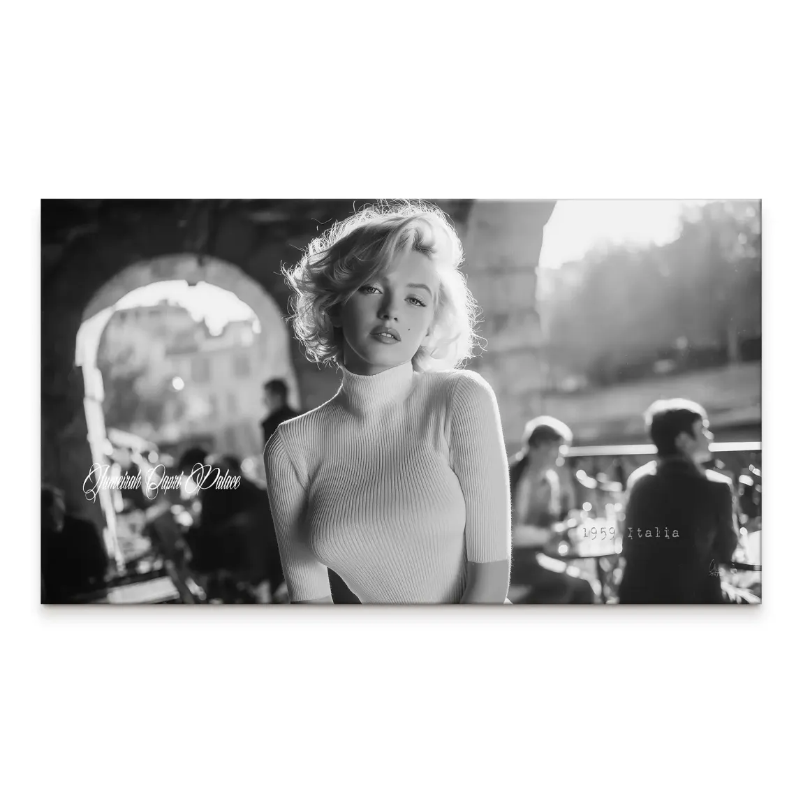 Marilyn Monroe Italy canvas wall art in landscape orientation; black-and-white portrait with archway street scene.