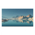 Minimalist landscape with mirrored lake reflecting distant mountains under a calm blue sky