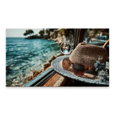 Blue Moments canvas print showing a straw hat and amber sunglasses on a wooden surface with turquoise sea and rocky coastline in the background.