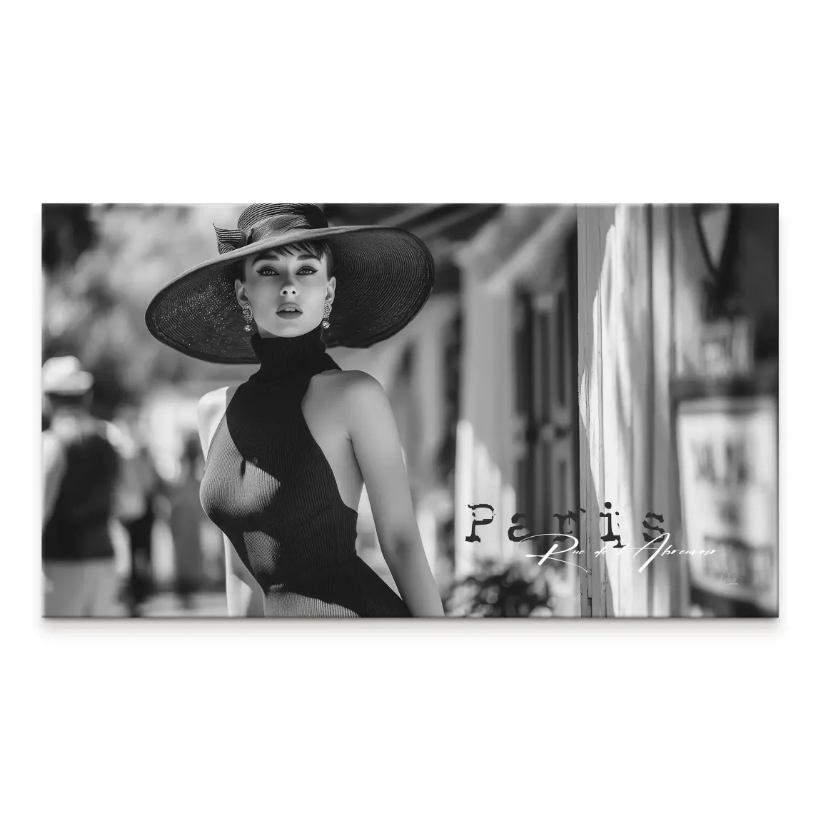 Black-and-white canvas portrait of a glamorous woman wearing a high-neck top and wide-brim hat, with a Paris street background