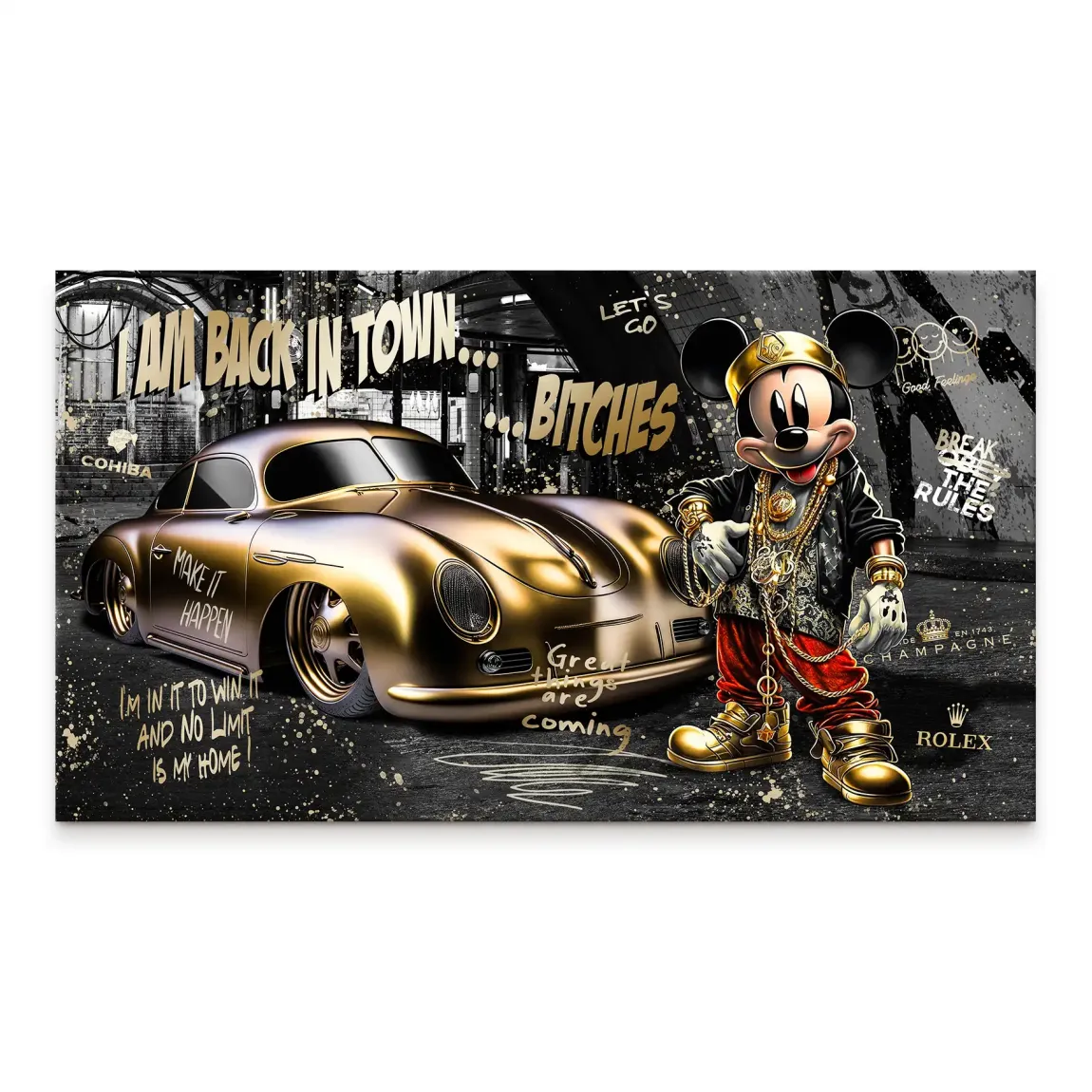 Bold Pop Art canvas showing a gold Mickey Mouse beside a gold Porsche 356 with a black and white urban graffiti backdrop.