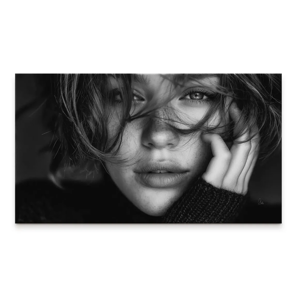 Close-up portrait of a woman in black and white