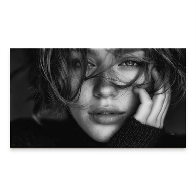 Close-up portrait of a woman in black and white