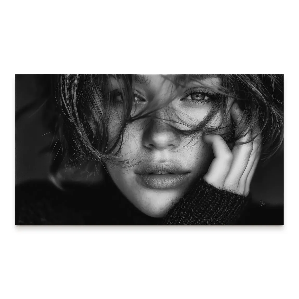 Close-up portrait of a woman in black and white