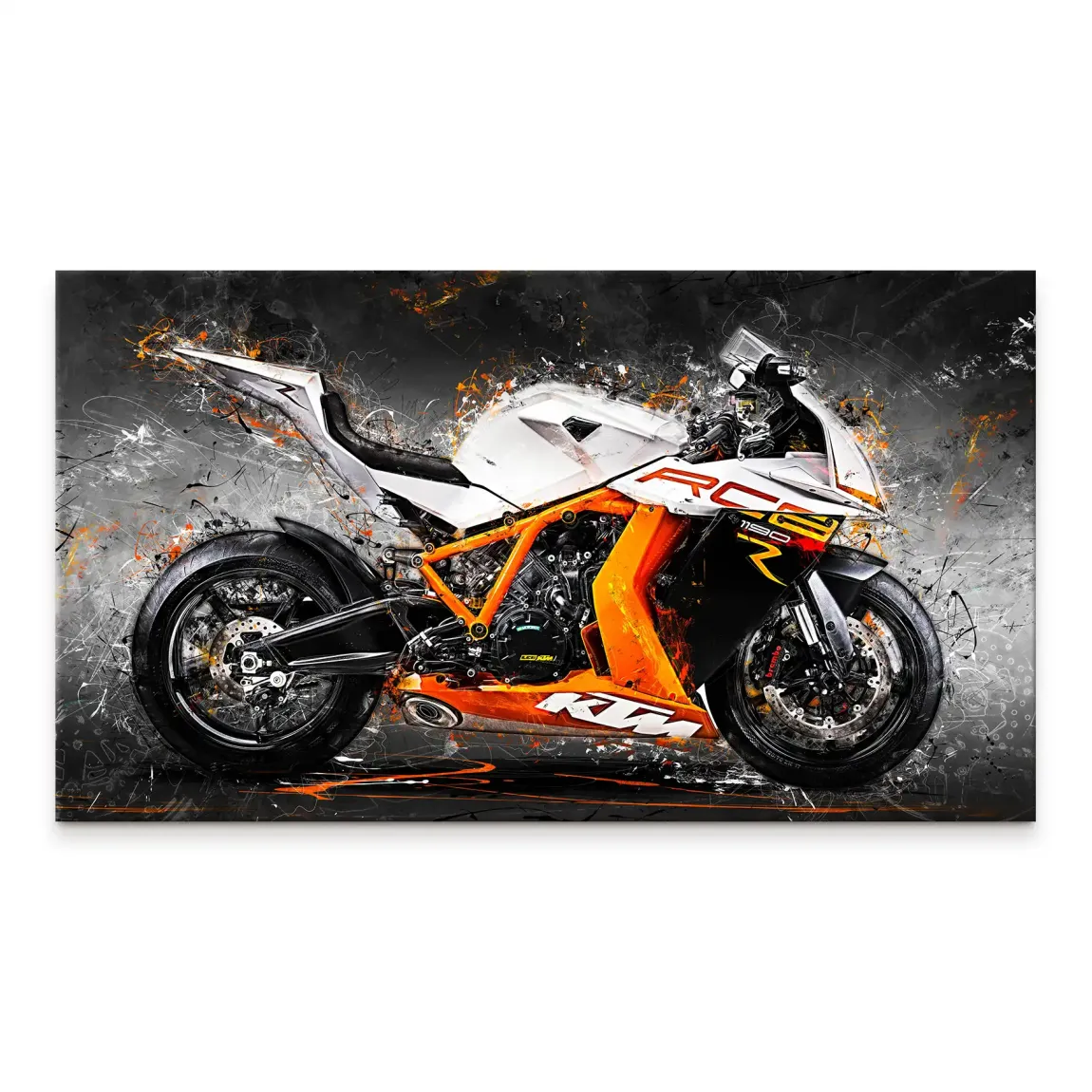 KTM RC8 abstract canvas art featuring a bold orange, white, and black motorcycle on a textured grey background.