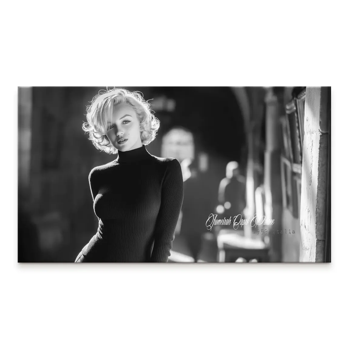 Black and white Marilyn Monroe-inspired portrait on a canvas wall art with a moody archway backdrop.