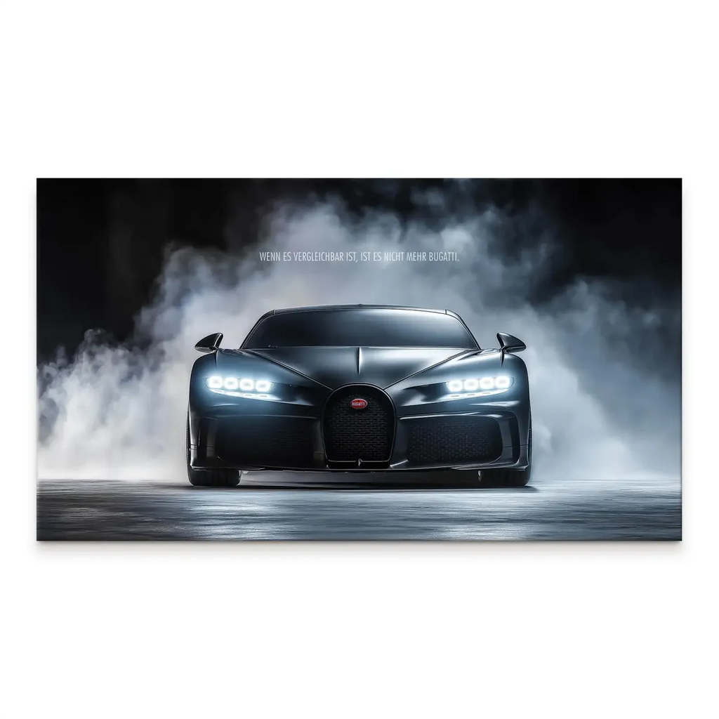 Dark grey Bugatti Chiron emerging from a smoky backdrop with blue-tinted highlights and bright headlights.